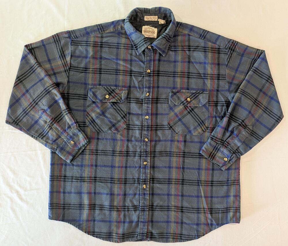 Vintage Saugatuck Shirt Hong Kong Mens 2XL Blue Plaid Long Sleeve Lined Flannel